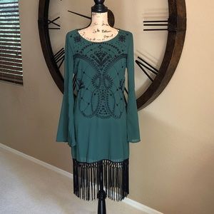 Green Embroidered Bell Sleeve Tassel Dress